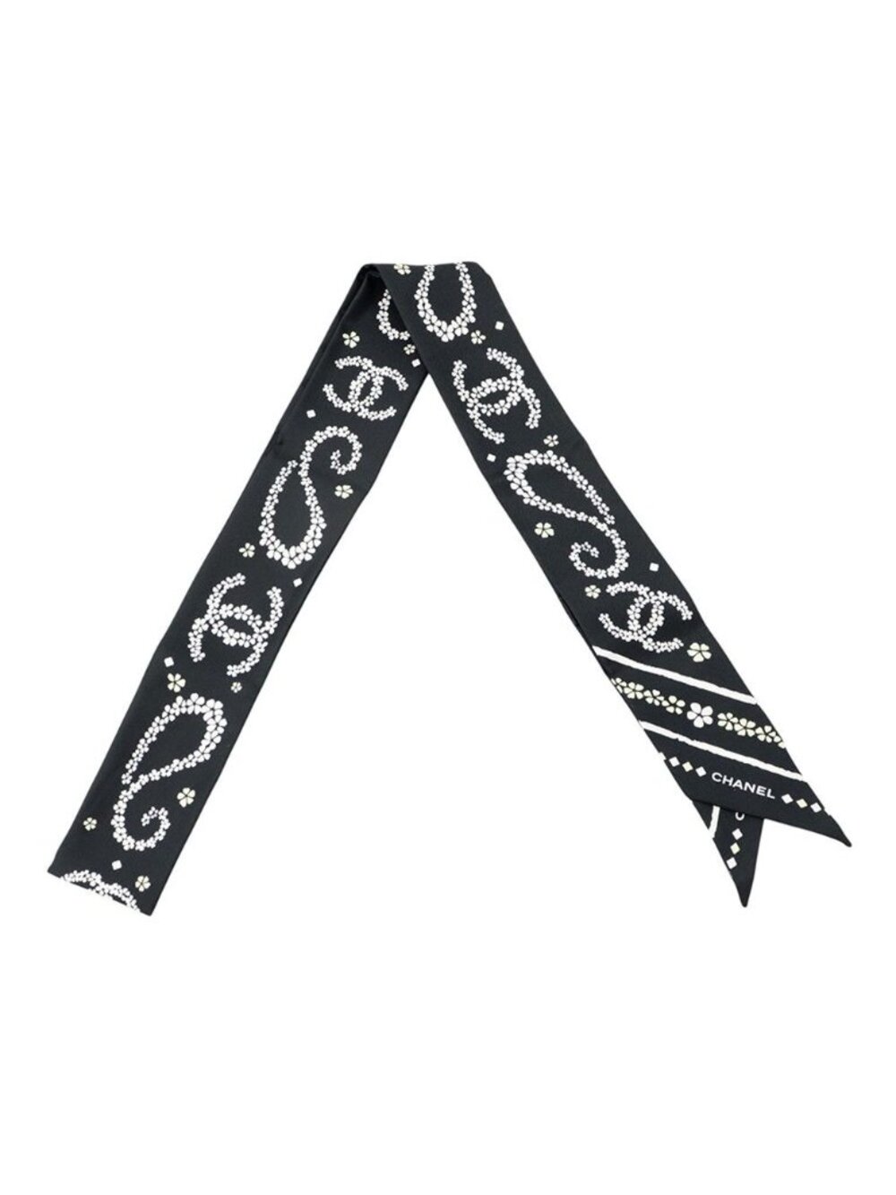 Chanel 26B Scarf CC Logo Flower Silk Black White